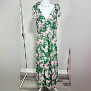 Tropical Green and Pink Leaf Print Maxi Dress